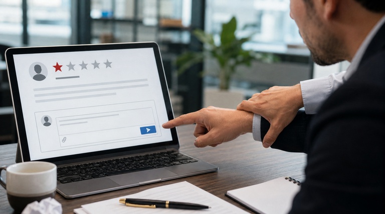 Avaliação Falsa no Google e Reclame Aqui: Profissional de terno apontando para avaliação negativa de uma estrela em tela