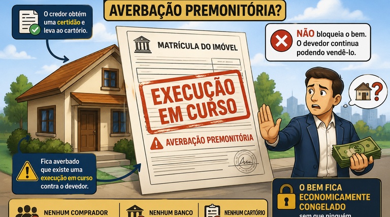 Como travar o patrimônio do devedor: Infográfico ilustra matrícula de imóvel com averbação de execução em curso, destacando