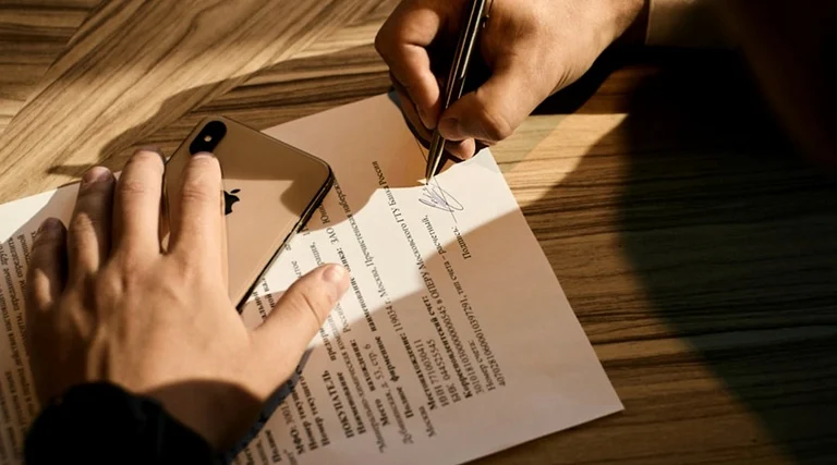 Como travar o patrimônio do devedor: Profissional assinando documento de pagamento parcial de dívida executada sobre mesa
