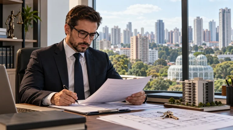 Advogado especialista em condomínio em Curitiba: Advogado analisa documentos condominiais em escritório com vista