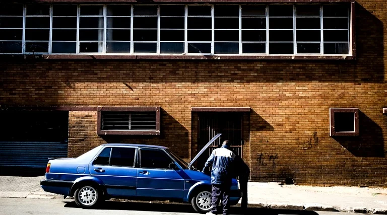 Carro usado com defeito comprado na loja: Motorista abre o capô de carro usado com defeito na calçada, em frente a prédio