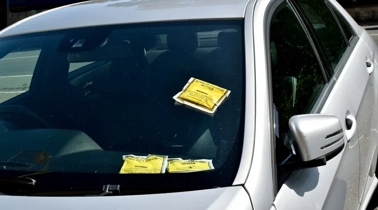 Vendi o carro e as multas continuam chegando: Carro sedan branco com notificações de multa presas no para-brisa
